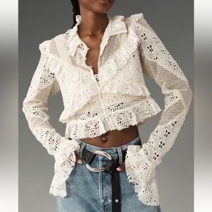 By Anthropologie Embroidered Lace Cropped Jacket